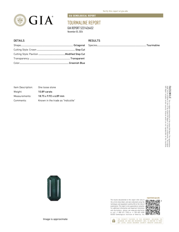 10.89Ct Indicolite Tourmaline GIA
