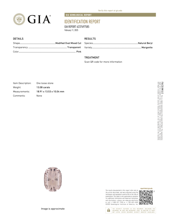 13.08 Carats Morganite GIA